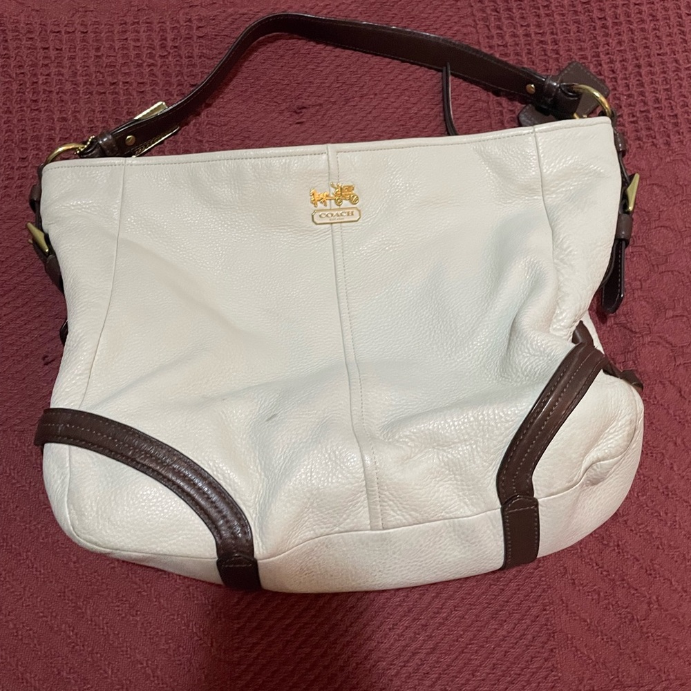 Vintage Coach White and Brown Leather Shoulder Bag